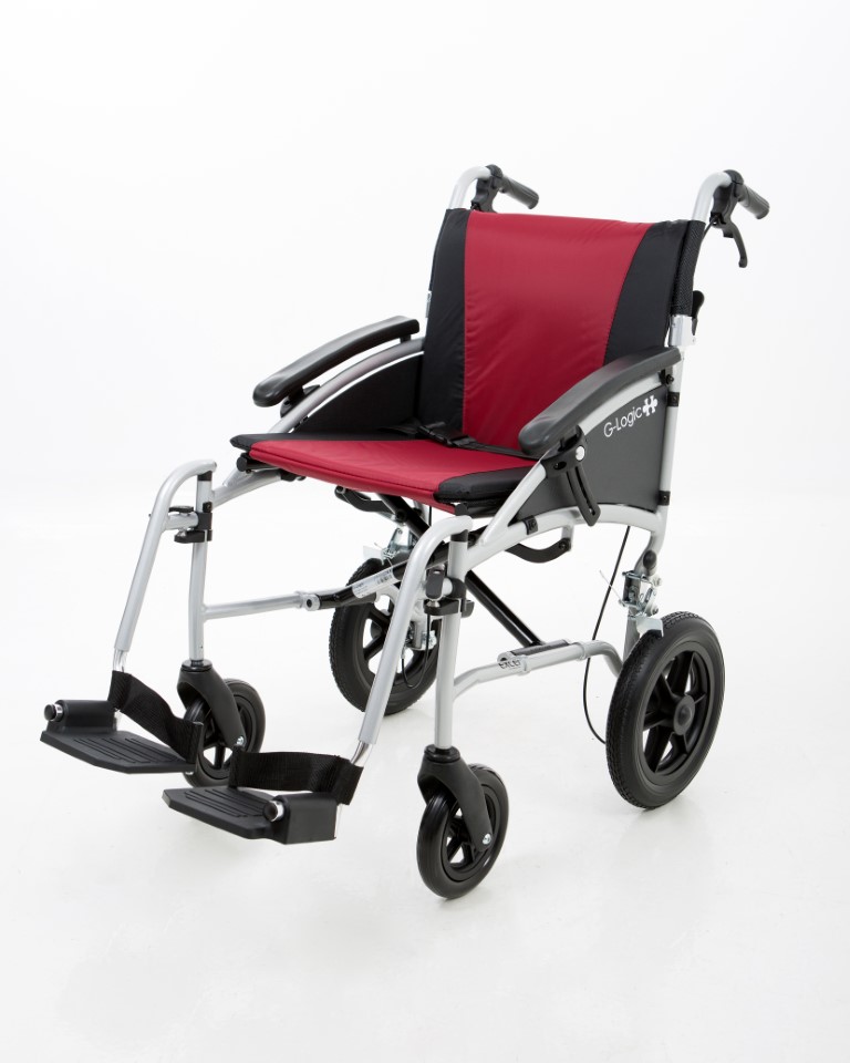 Excel G-Logic Lightweight Transit Wheelchair With 18'' Silver Frame and Red Upholstery
